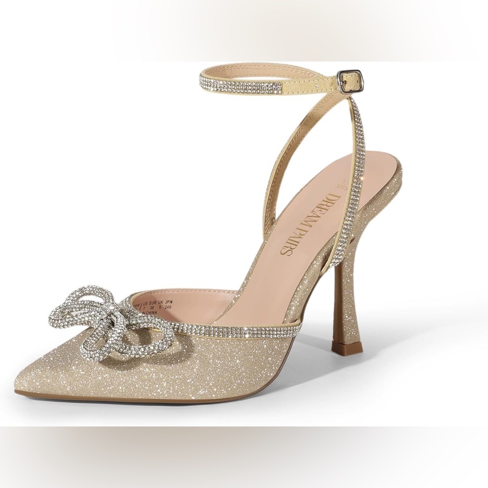 DREAM PAIRS GOLD GLITTER HEELS WITH CRYSTAL BOW SIZE 8.5 - Picture 4 of 16